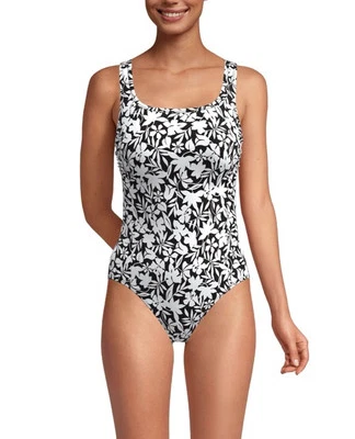 Lands End Woman's One Piece Swim Suit Scoop Neck Size Large Black & White Floral - Image 1 of 4
