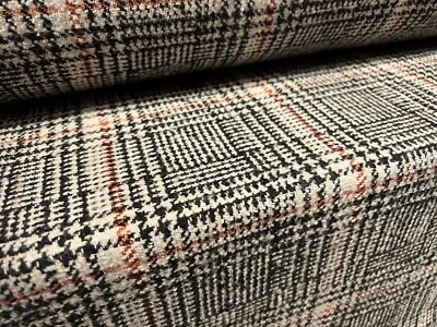 Metallic Wool Jacquard Woven Fabric, Per Metre - Check Plaid - Grey Orange Gold - Image 1 of 3