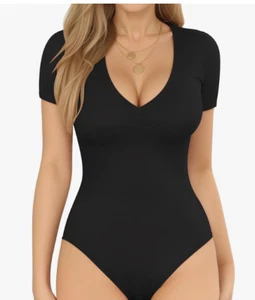 MANGOPOP V Neck Bodysuits for Women Short Sleeve XXL - Picture 1 of 3