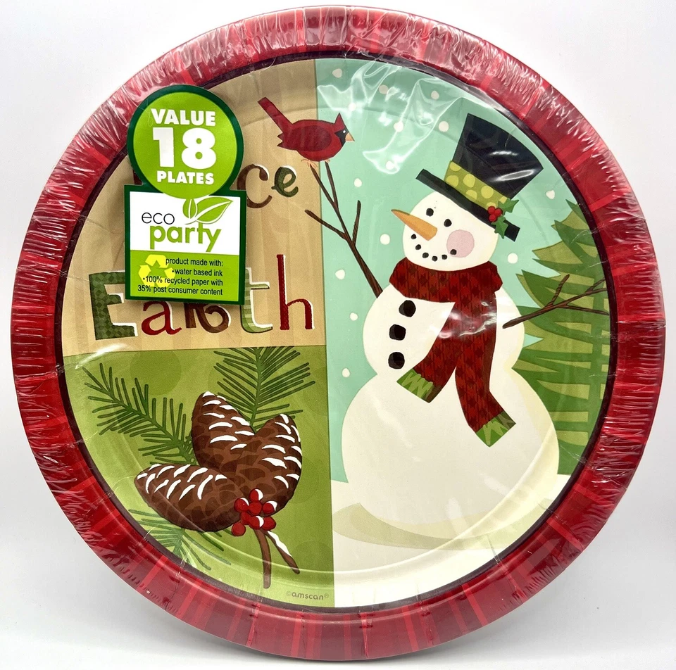 Muñeco de nieve temporada verde Navidad vacaciones banquete cena fiesta platos de papel de 10,5" Foto 1 de 1