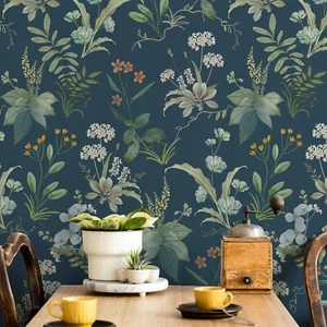 2 Rolls Classic Retro Floral Blue Wallpaper Roll Peel and Stick Decal 28.8sq ft - Picture 1 of 10