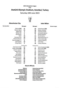Manchester City v Inter Milan (10-06-23) FINAL Champions League Team Sheet - Picture 1 of 1