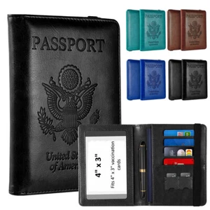 Funda billetera de viaje con soporte para tarjetas de vacuna RFID con bloqueo de cuero para viajes con pasaporte de EE. UU. - Imagen 1 de 16
