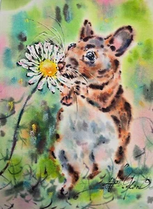 Original watercolor painting Hamster art Flower art Animals art 12" by 9" - Picture 1 of 3