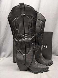 BNIB 6 PLT BLACK PU LEATHER KNEE HIGH Western BOOTS  - Picture 1 of 11