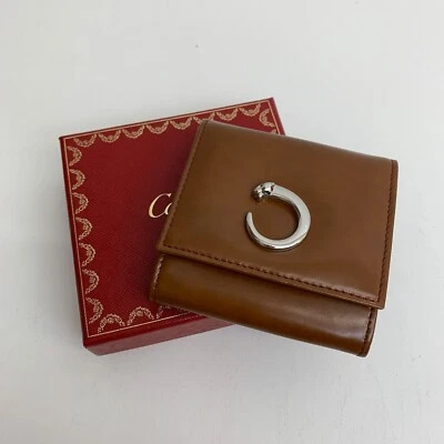 Auténtico Cartier Pantail Cuero Cartera Clip Plegable Marrón Pantera SP Monedero Bolsa Foto 1 de 4