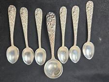 6 ANTIQUE STERLING SILVER STIEFF ROSE SPOONS-KIRK-REPOUSSE-2.74OZT-4 3/8IN-5 1/8