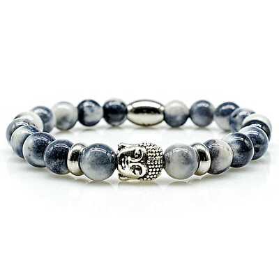 Jade Armband Bracelet Perlenarmband Buddhakopf silber weiß blau 8mm Edelstahl - Bild 1 von 2