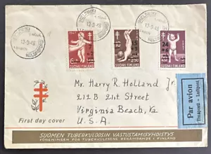 Finland 1948 Sc# B91-B93 FDC First Day Cover Anti-Tuberculosis + Airmail Tag - Picture 1 of 2