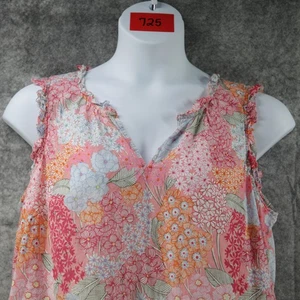 Talbots Top Womens 1X Pink Orange Floral Sleeveless Ruffle Split Neck Plus Tank - Picture 1 of 8