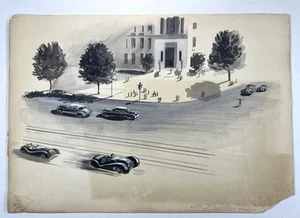 Pintura a tinta y lavado de posguerra escena de ciudad con autos clásicos arte ilustración 10x15” - Imagen 1 de 13