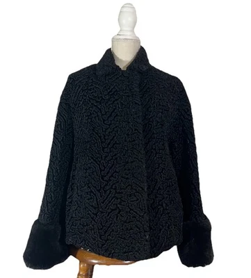 Vintage 70’s Faux Persian Lamb Fur Cuff Swing Coat Size Med Hollywood Glam Mod - Image 1 of 4