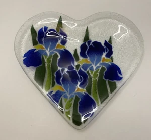 Peggy Karr Azul Cobalto Iris Fusionado Arte Vidrio Corazón Tazón Poco Profundo Plato Firmado - Usado en Excelente Condición - Imagen 1 de 3