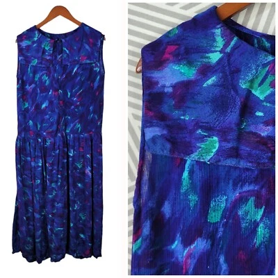 Vestido Vintage Gasa Talla Mediana Tal vez Boho Arrugado Midi Boho Azul Alto Cintura Caída Foto 1 de 4