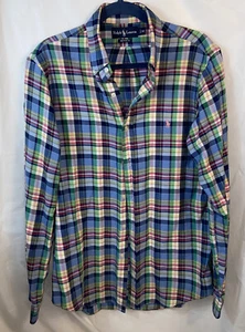 Ralph Lauren Men Shirt M Green PinkBlue Plaid Custom Fit Button Down Long Sleeve - Picture 1 of 5
