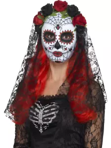 Day Of The Dead Senorita Mask + Veil Halloween Fancy Dress Accessory New Mexican - Picture 1 of 1
