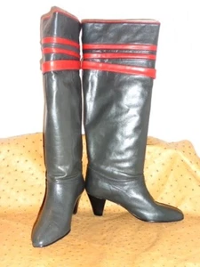 SUPERBE BOTTES TOUT CUIR GRIS ROUGE VINTAGE 80 NEUF T.35 VIEUX STOCK NEUF - Picture 1 of 4