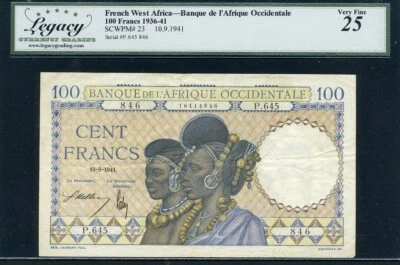 French West Africa 1936-1941 100 Francs P23 Legacy 25 VF - Image 1 of 2