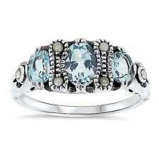 GENUINE SKY BLUE TOPAZ & PEARL 925 STERLING SILVER VICTORIAN STYLE RING     #066