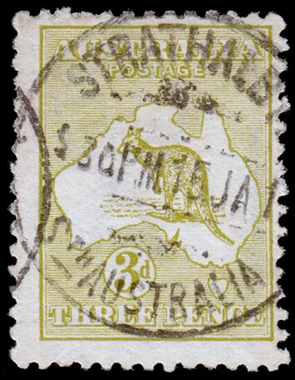 Australia Scott 5c, Die I, Verde Oliva Pálido (1913) Usado F-VF, CV $17.50 M - Imagem 1 de 1
