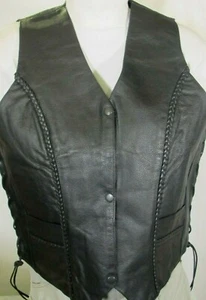 CHALECO DE MOTOCICLISTA DE CUERO NEGRO TRENZADO PARA MUJER 4 SNAP DELANTERO XL - Imagen 1 de 2