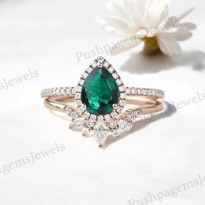 925 Sterling Silver 7x5 mm Pear Shape Natural Emerald Ring Set Cubic Zirconia - Picture 1 of 7