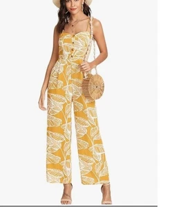 Floerns Damen gelber Palazzo Overall Palmblattprint, Knöpfe, neu ohne Etikett, Large - Bild 1 von 8