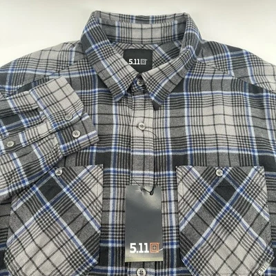 Camisa táctica de franela a cuadros gris madera plateada 5,11 para hombre grande con botones Foto 1 de 4