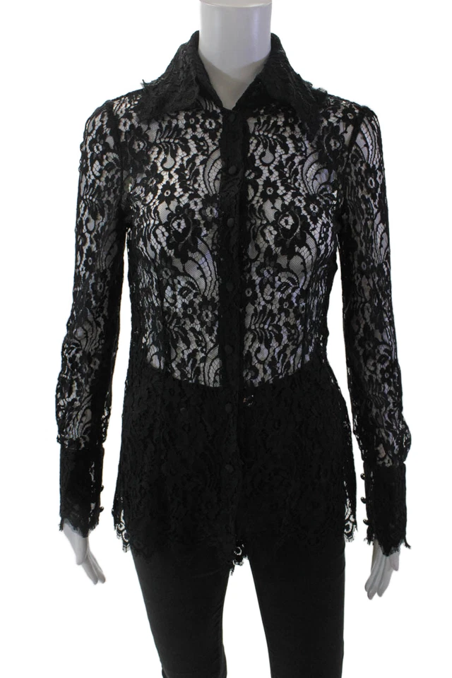 Dolce & Gabbana Womens Floral Lace Collar Button Front Blouse Top Black Size 38 - Image 1 of 4