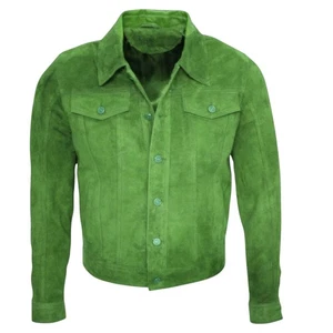 Men’s Green Suede Trucker Jacket Genuine Leather Handmade Denim Style Jacket - Picture 1 of 3