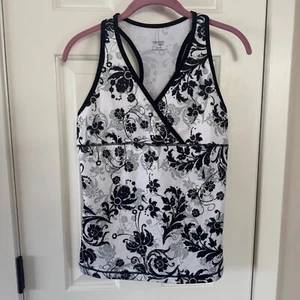 Danskin Now Womens Black and White Floral Racer Back Tank Top Size M Medium 8/10 - Picture 1 of 10