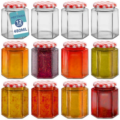 HEFTMAN Hexagonal Jam Jars 480ml 12 Pack Red Gingham Lid Pickling Airtight Glass