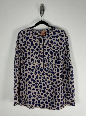 Women Tory Burch Cream Blue Leopard Silk Long Sleeve Robin Tunic Top Size 6 - Image 1 of 4
