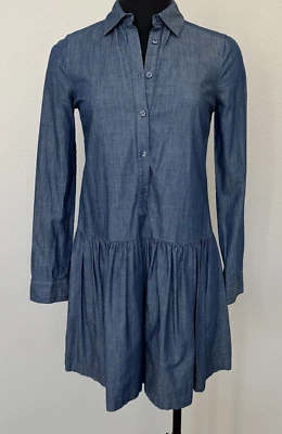 BCBG MaxAzria 衬衫连衣裙 XXS Mariela 蓝色 Chambray 纽扣前垂腰波西米亚 — 第 1/4 张图片