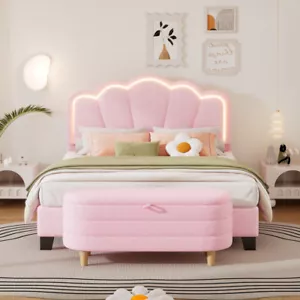 2pcs Full Size Flower-Shaped Upholstered LED Bed, Sherpa Fabric Ottoman, Pink - Picture 1 of 22