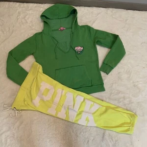 Vintage Victoria's Secret Love Pink Hoodie Jogger Pant Tracksuit Green Logo - Picture 1 of 8