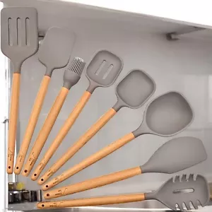 Kitchen Utensil Set Silicone 8 Pcs Wooden Handle Kitchen Utensils Set Grey Home - Picture 1 of 6