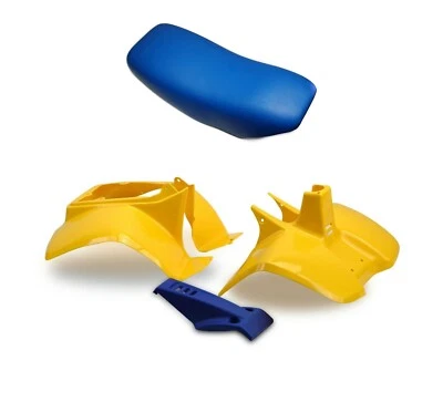 Plastics Set & Seat For Suzuki LT50 Yellow Front, Rear Fender, Blue Nose Cone - Image 1 of 3