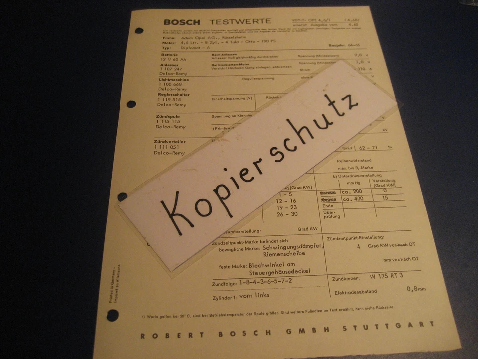 Opel Diplomat A, 4,6 ltr  190 PS Bj. ab 1964-,   orig. Bosch Testwerte-Blatt - Bild 1 von 1