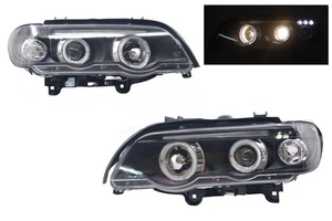 For BMW X5 E53 00-03 Black LED angel eye Halo Projector Headlights RHD - Picture 1 of 10