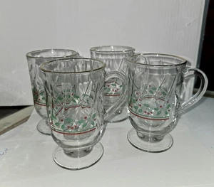 4 Arby's Libby Christmas Holly Berry Footed Coffee Mugs / Cups Glasses 5" 10 Oz - Picture 1 of 6