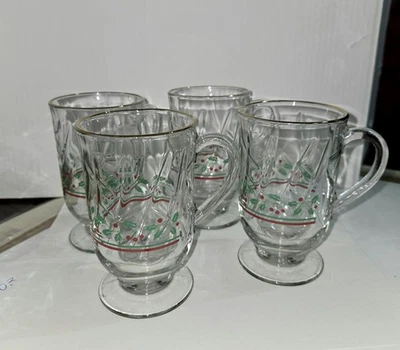4 Arby's Libby Christmas Holly Berry Footed Coffee Mugs / Cups Glasses 5" 10 Oz - Image 1 of 4