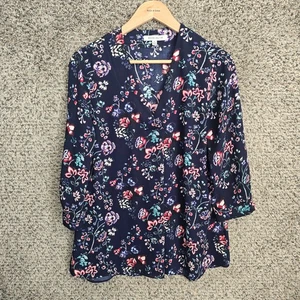 Top rosa e oliva donna blu medio stampa floreale scollo a V manica 3/4 blusa trasparente - Foto 1 di 7