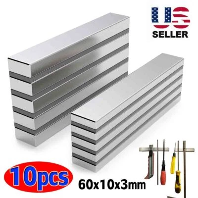 10PCS N52 Strong Neodymium Magnets Rare Earth Lifting Bar Long Magnets 60x10x3mm