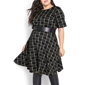NWT Mod Cloth Sweater Dress XL Retro Black Sparkly Gold Checkered Plaid Flared - Picture 1 of 6