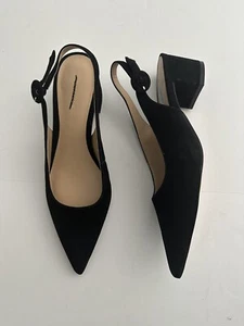 New Ann Taylor 5 1/2 5.5 Suede Block Heel Slingback Black Pumps Rare Pointed Toe - Picture 1 of 14