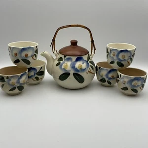 Vintage japanisches Steingut Teeservice kleine Teekanne mit sechs Tassen blauen Blumen - Bild 1 von 16