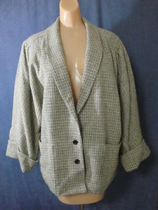 VTG 80s Boxy Jacket TWEED Check Sleeve Big Cuffs VGC Pockets L Large Wool Blazer - Picture 1 of 8