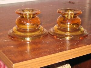 Vintage heavy amber colored glass candle holders 2 1/2" high