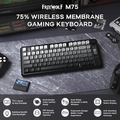 FREEWOLF M75 Wireless Membrane Keyboard, Backlit Rechargeable 2000mAh Battery - Image 1 of 4